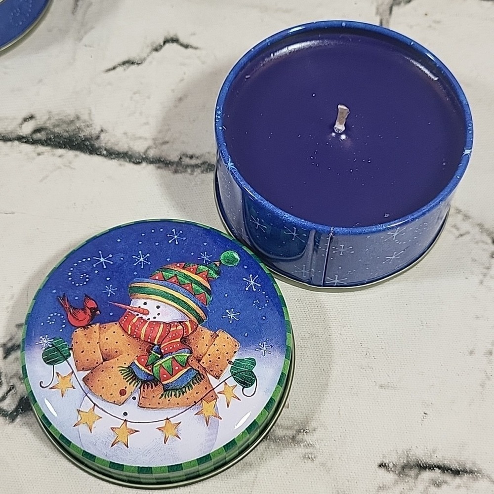American Greetings Christmas Candle Tins Lot Of 4 Snowmen Peppermint Scent New - Picture 5 of 6